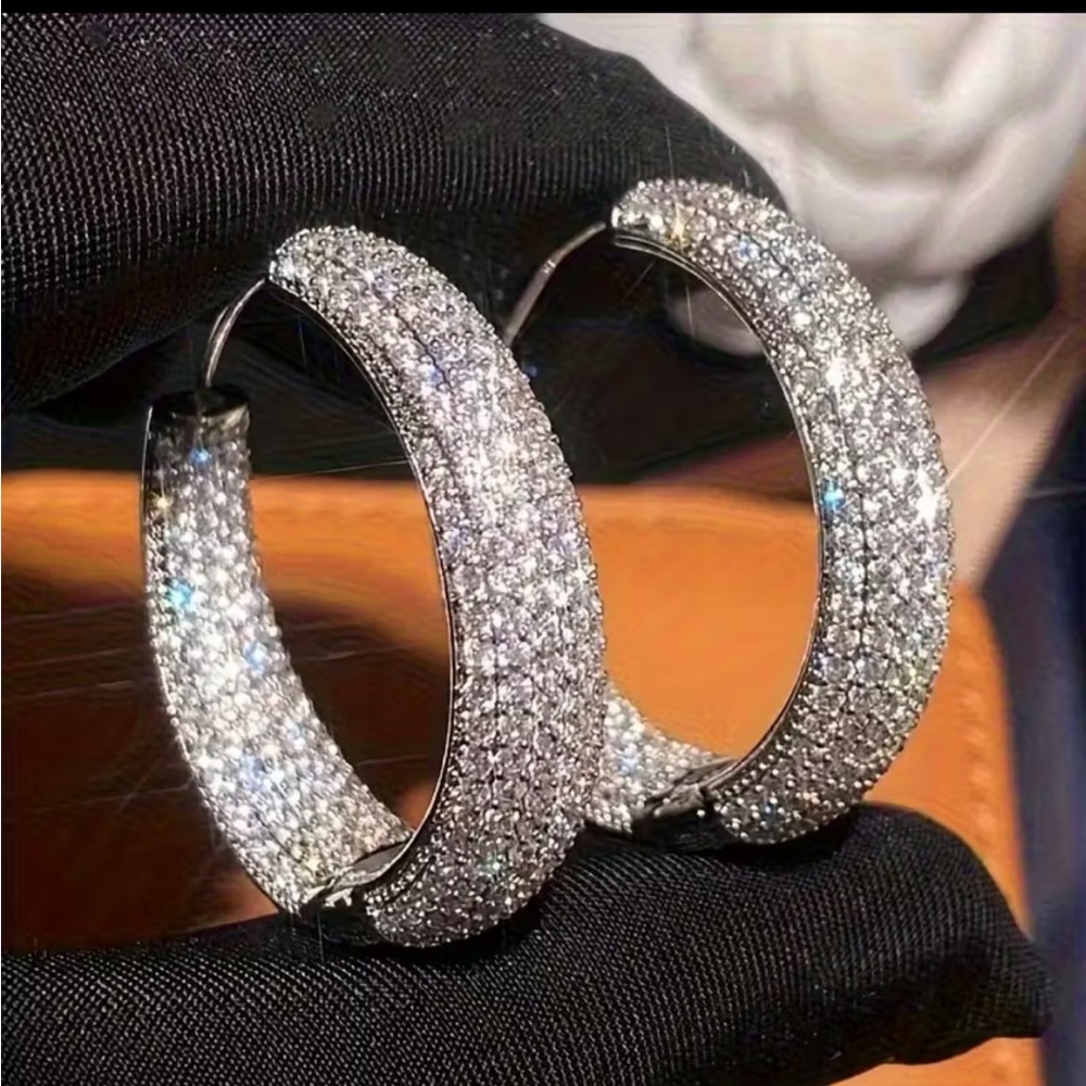 Gorgeous Zirconia Pave Diamond -Like Perfect Cut  Hoop Earrings